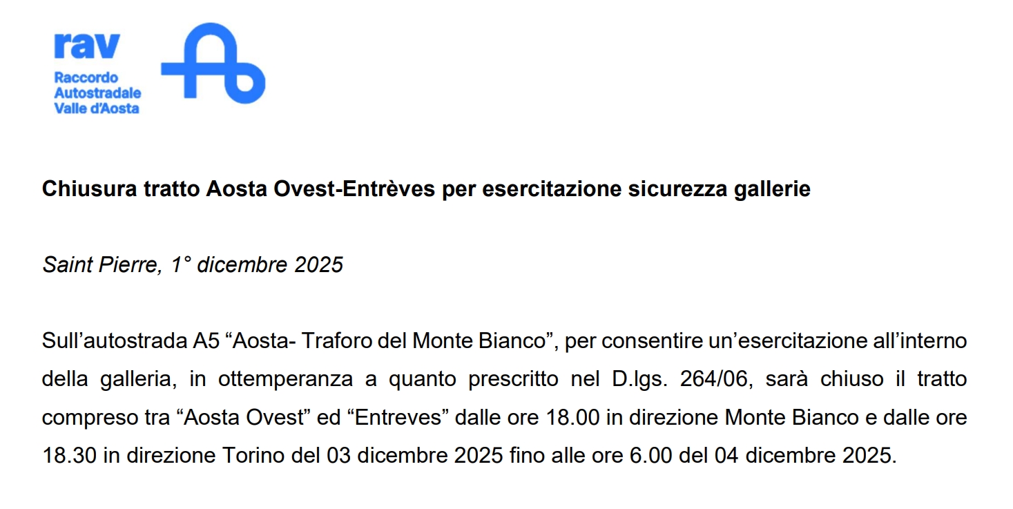 Chiusura tratto Aosta Ovest-Entrèves per esercitazione sicurezza gallerie dal 1° al 3 dicembre 2025