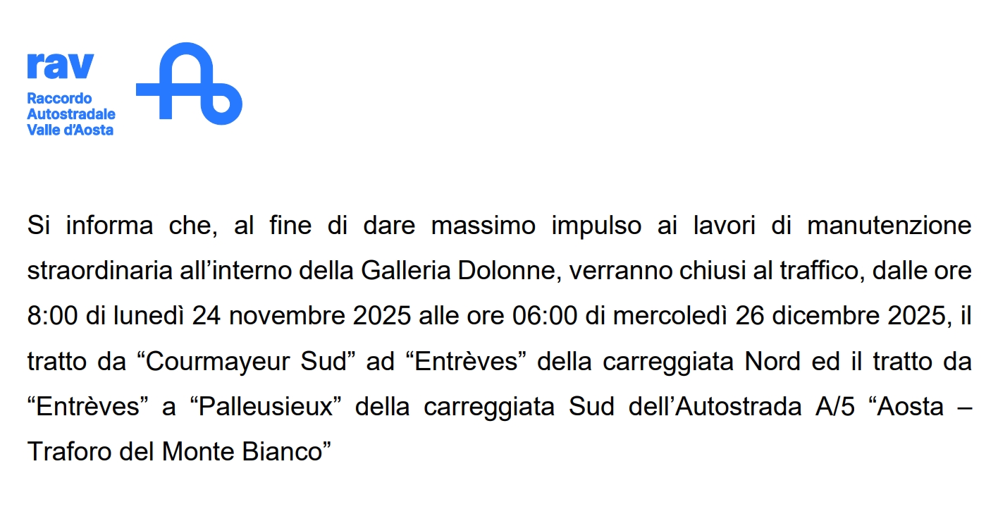 Chiusura della tratta Courmayeur - Entrèves dal 24 al 26 novembre 2025