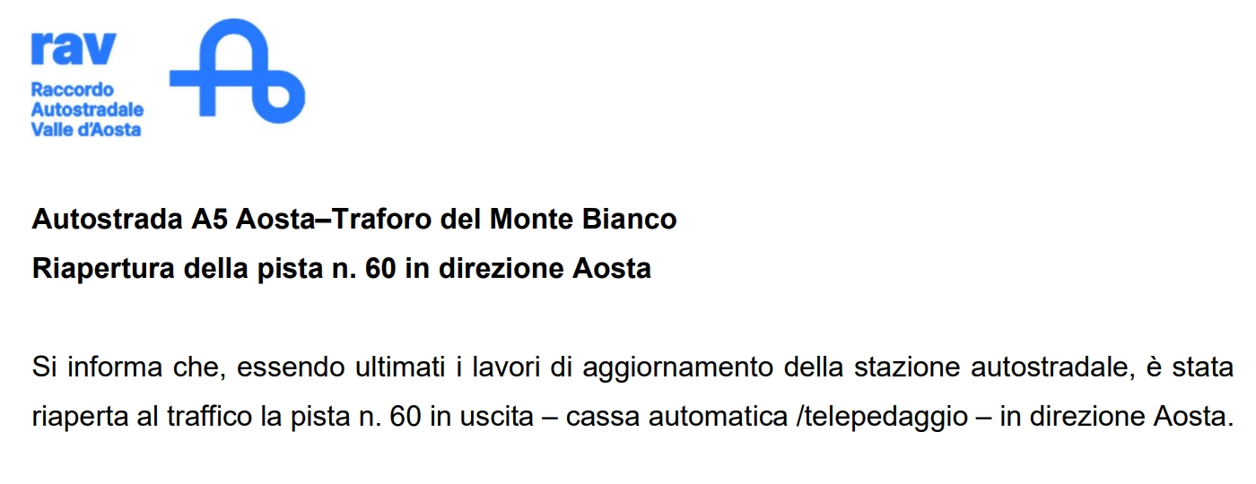 Riapertura della pista n. 60 in direzione Aosta