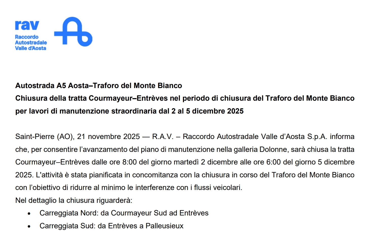 Chiusura della tratta Courmayeur–Entrèves nel periodo di chiusura del Traforo del Monte Bianco per lavori di manutenzione straordinaria dal 2 al 5 dicembre 2025