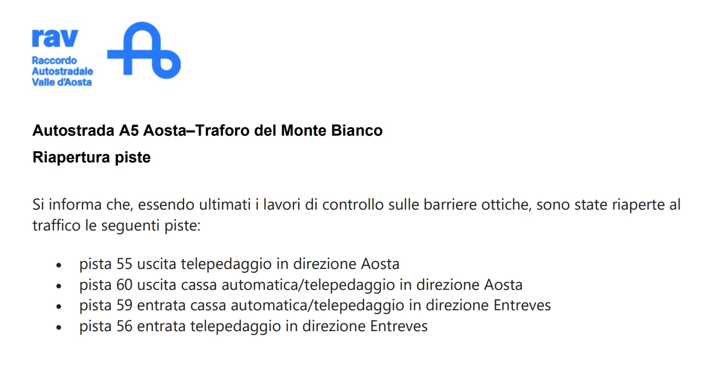  Autostrada A5 Aosta–Traforo del Monte Bianco Riapertura piste nn. 55, 60, 59, 56