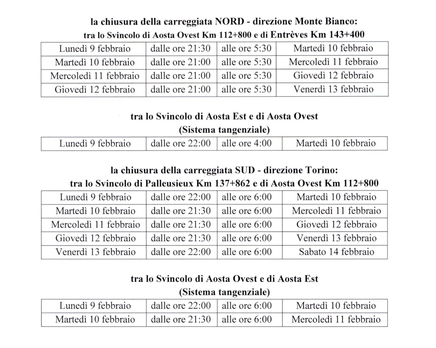 CHIUSURE AUTOSTRADALI PER INTERVENTI DI MANUTENZIONE ED ADEGUAMENTO DELLE GALLERIE AL D.LGS. 264/06 - ORDINANZA N. 07 DEL 5.02.2026